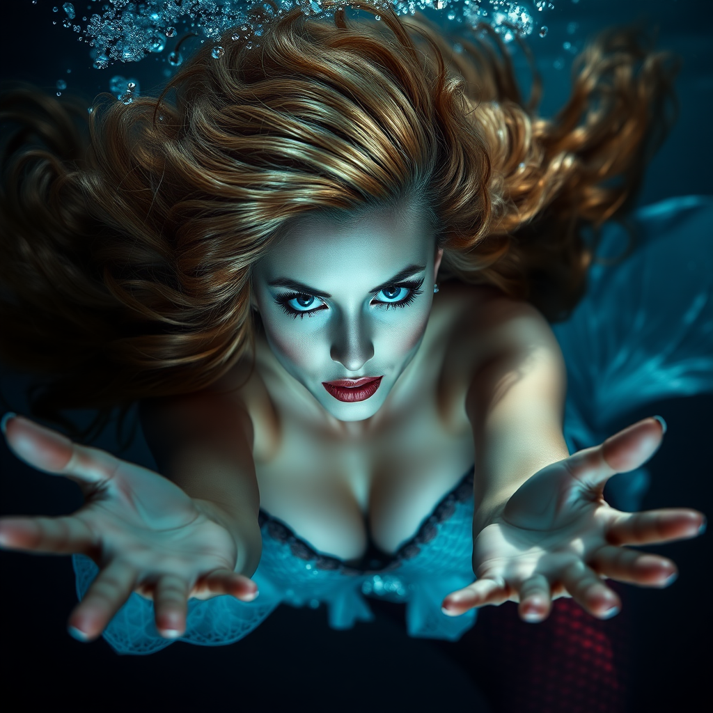 Burlesque Dancer as a mermaid underwater amazing highlighted hair floating in a nimbus around her beautiful face her arms outstretched towards the viewer and she's looking down into the viewer's eyes making intense eye contact. loose fitting diaphanous. Real DSLR HD Photography. Burlesque