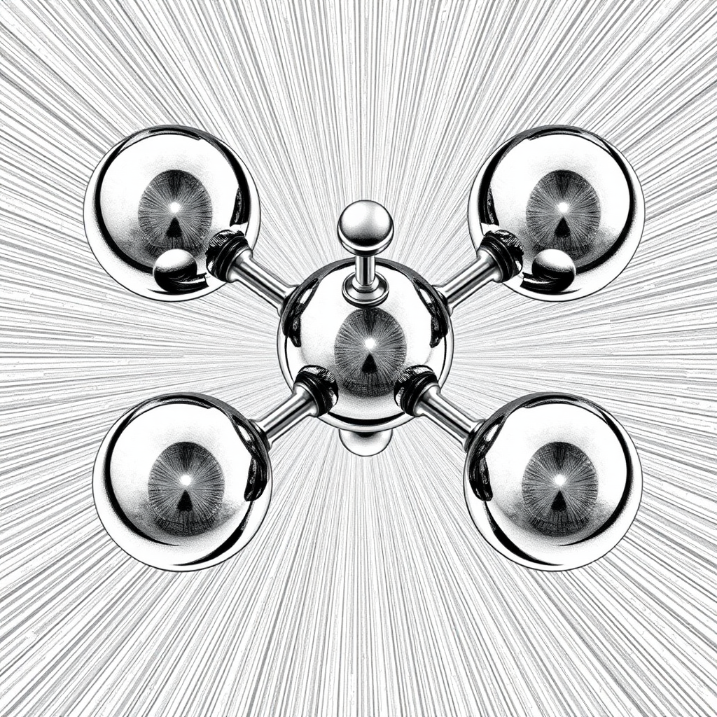 Five connected spheres of mercury in a ring in between two other spheres, spinning top, fidget spinner, toy, small spheres, isometric, side view, symmetric, pencil drawing, impossible architecture, black and white, atomium, in the style of Escher, reflective, raytracing, seven atom molecule, iron, metal, liquid, trickery, intricate details