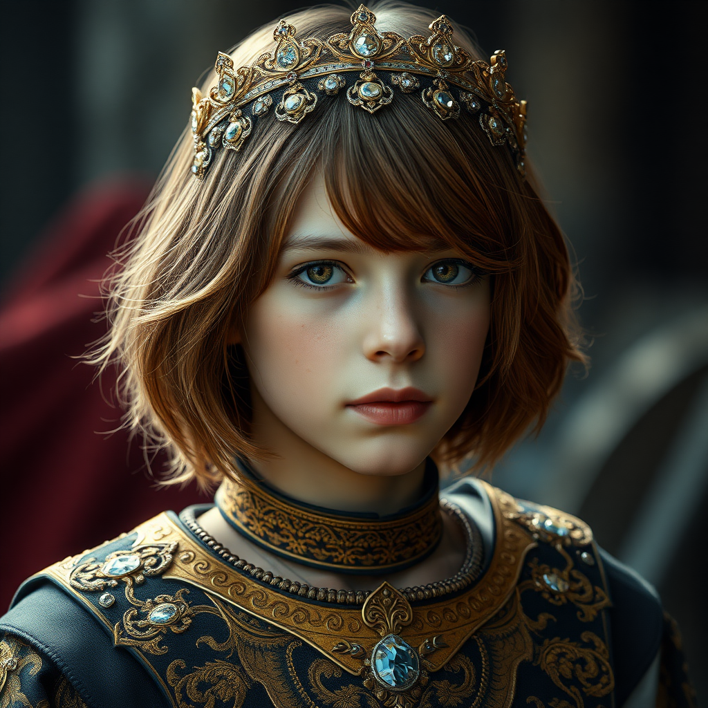 16yo teen boy prince, long bob cut, embroidered with gold and diamonds medieval cloths, diamond diadem, and Beautiful War. Free style by FLUX photorealistic, ultra high resolution, 16K,