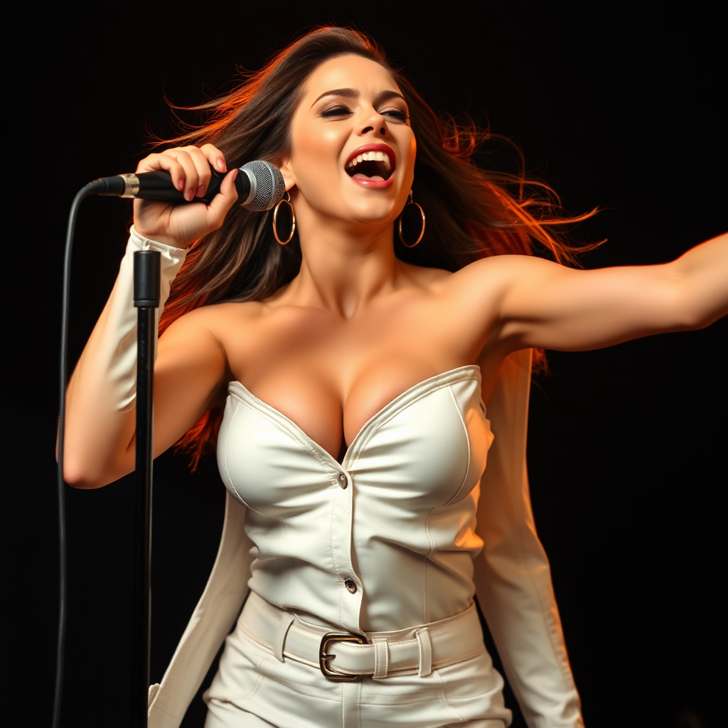 energetic beautiful woman, age 24, very very large breasts, white leather clothes, singing in front of microphone stand, black background