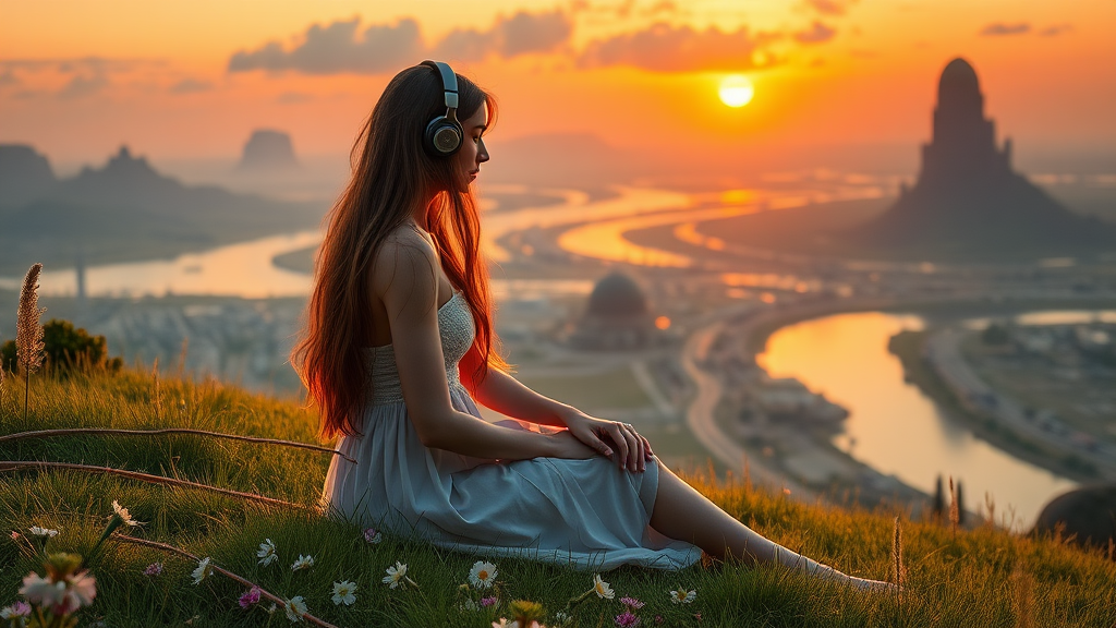 pretty azian woman long hair, pretty dress, sit on the grass with flowers, with headphone, alien planet, aliens buildings, with nice greenery flowers and rivers, beach, nice sunset, highways and streets, ultra realistic view high detail