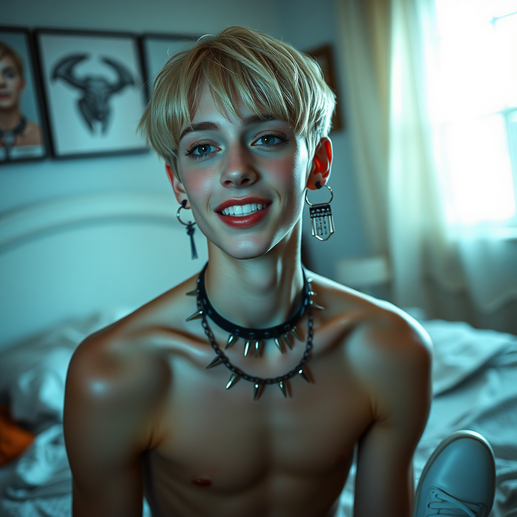 photorealistic, ultra high resolution, 16K, surreal fantasy, studio lighting, a pretty 14 year old goth male, slim male physique, short blonde hair, goth makeup, earrings, glossy grey pantyhose, white ballet shoes, spiky neck collar and leash, in the bedroom, excited smile, facing the camera.