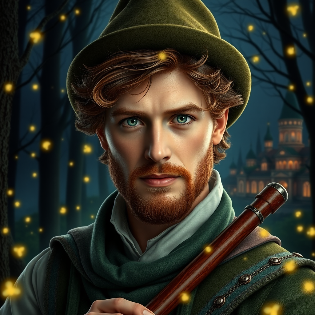 Create a realistic and detailed style image of a 25-year-old white man. Its eyes are green in color. Her hair is slightly wavy and bold in a coppery brown tone, with a Robin wood style hat. He has masculine features and his countenance is strong. He wears a moss green and white flutist-style outfit. He has a beard and mustache. It's in the middle of a dark forest, lit by fireflies that glow softly. In the background, a city with fantastic architecture, giving a magical touch to the scene. The image must be realistic style, capturing every detail with precision and 8k quality. Looks like a photograph." Extremely realistic. 25 years old. Beautiful. Beautiful. Extremely realistic. Beautiful appearance.