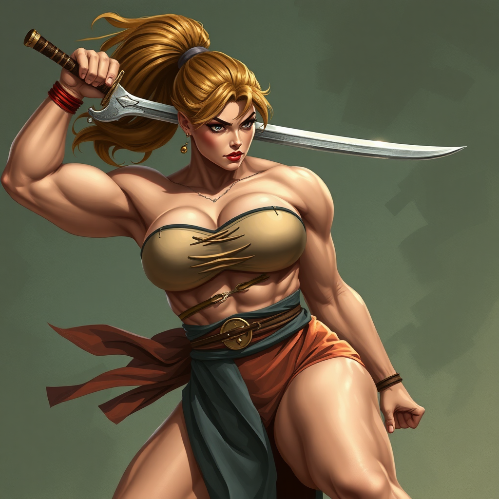 huge massive strong muscular bodybuilder girl, strapless dress, fighting with a sword