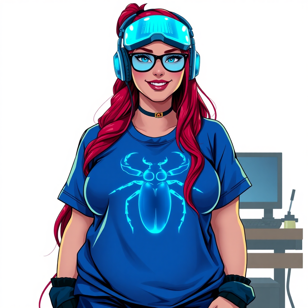 A cyberpunk vigilante’s full-figured intelligent and tech-savvy 29-year-old girlfriend, who is a computer hacker and tech genius. She has a long ruby red ponytail and bright blue eyes. She wears a sapphire beetle gemstone necklace, and an oversized maximum blue t-shirt featuring a giant neon blue glowing icon of a beetle on its chest. She has a full-figured physique with a prominent, gargantuan, round midsection, reflecting her well-cared-for lifestyle. The midsection is heavily emphasized. She sports a sapphire headset with hi-tech maximum turquoise lensed HUD visor, black eyeglasses, and a beaming smile with a passionate bright red blush. Despite her figure and a lack of self-esteem, she radiates an air of beauty. She has an angular face which contributes to her radiant beauty. She serves as his tech expert from his hideout, dutifully working at her workshop computer desk and tool bench. The background is solid white. She is drawn as if she was in a retro 2D cyberpunk fighting game. Make sure her shirt covers her round midsection.