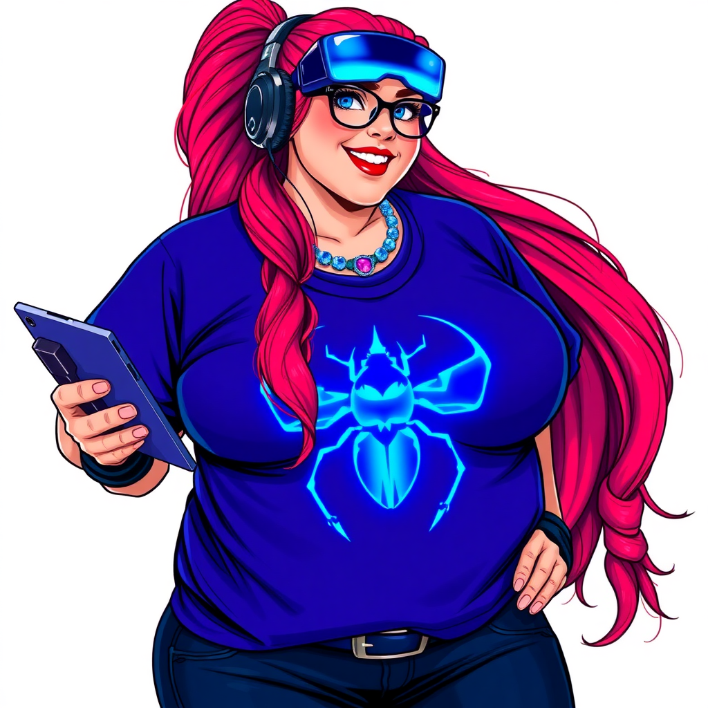 A cyberpunk vigilante’s full-figured intelligent and tech-savvy 29-year-old girlfriend, who is a computer hacker and tech genius. She has a long ruby red ponytail and bright blue eyes. She wears a sapphire beetle gemstone necklace, and an oversized Maximum Blue (RGB 71, 171, 204) t-shirt featuring a giant neon blue glowing icon of a beetle on its chest. She has a full-figured physique with a prominent, gargantuan, round midsection, reflecting her well-cared-for lifestyle. The midsection is heavily emphasized. She sports a sapphire headset with hi-tech Maximum Blue (RGB 71, 171, 204) lensed HUD visor, Maximum Blue (RGB 71, 171, 204) lipstick, black eyeglasses, and a beaming smile with a passionate bright red blush. Despite her figure and a lack of self-esteem, she radiates an air of beauty. She has an angular face which contributes to her radiant beauty. She serves as his tech expert from his hideout, holding a holographic tablet and a hi-tech tool wrench. The background is solid white. She is drawn as if she was in a retro 2D cyberpunk fighting game. Make sure her shirt covers her round midsection.