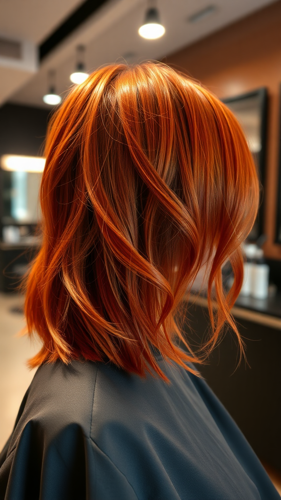 Hair without a specific style in red-orange color, in high definition, in the background, hairdresser salon.