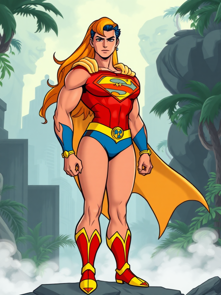 Create a full-length image of Superman featuring Cheetara's feminine figure from Thundercats. Maintain Superman's head, hairstyle, and facial features. Retain Superman's costume while adding Cheetara's embellishments. Adjust the costume to accommodate the new body proportions. Design the background inspired by elements from both Superman and Thundercats, blending cityscape and jungle motifs for a cohesive scene.