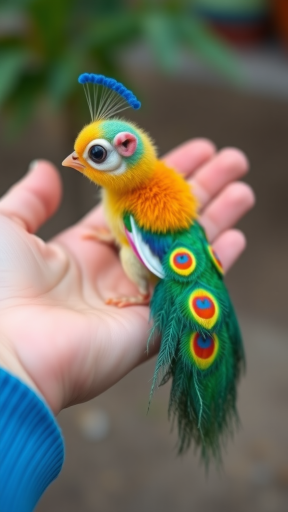 A small tiny cute chubby big eyes big perfect tail real colorful dancing peacock with tail on hand