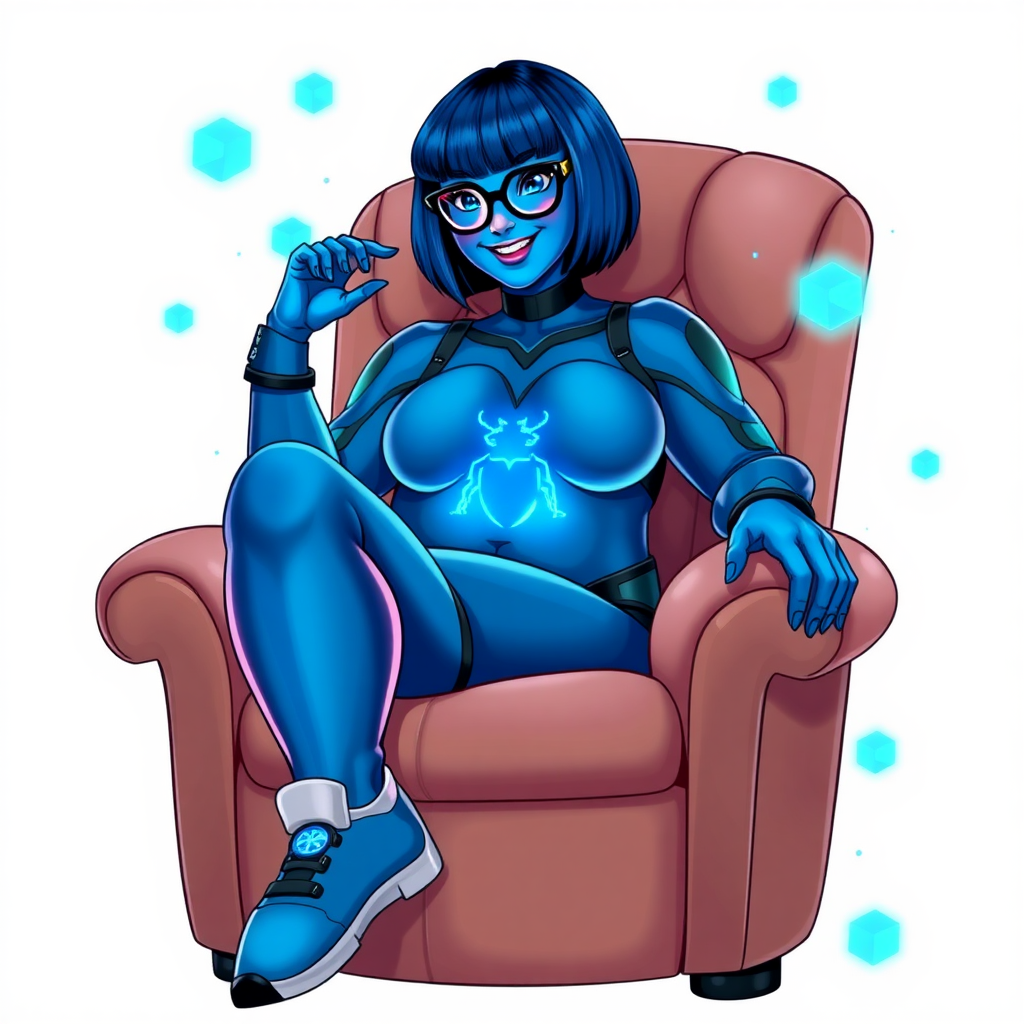 A heavily, extremely, and intensely pampered nerdy digital sidekick, a 29-year-old computer major, has been transformed by her doting vigilante boyfriend. Her striking blue skin and bob cut seamlessly integrate with her data, and her neon blue eyes glow with intelligence. Her physique, now showcasing a gargantuan wrecking ball-sized midsection, tree trunk-sized limbs, and broad shoulders, contrasted by a slim face, clearly reflects her indulgence and pampering. Her full figure is prominently highlighted, with her plump, rounded midsection and robust limbs emphasizing her pampered status. As the loyal and supportive sidekick, she plays a crucial role in their missions, using her digital prowess to assist and protect.

She wears a digital, computerized maximum blue bodysuit blending with her hair and skin, featuring a glowing neon blue beetle chest icon and matching high-tech gloves. She bashfully giggles with a neon red blush, emitting neon blue data cubes from her body. Her full figure, now even more plump and heavily emphasized by her nerdy appearance, clearly shows how pampered she is. Her nerdiness is accentuated by her black oversized eyeglasses.

Her outfit, influenced by DC’s Jennifer Knight Phantom Lady, remains distinct. Adding to her pampering, she serves as his minicomputer, traveling in his high-tech wristwatch and supercar’s computer system. Using her ability to hack into computers and machines, she relays crucial knowledge relating to his missions.

In her new pose, she sits comfortably on a plush, high-tech chair with one leg crossed over the other, her oversized glasses slightly askew as she adjusts them with a bashful smile. Her relaxed posture and content expression, combined with the glowing data cubes around her, clearly reflect her status as a heavily pampered, nerdy digital sidekick. Her gargantuan, rounded midsection and robust limbs are prominently displayed, emphasizing her indulgence and pampering while maintaining her nerdy physique. She is on a solid white background. She is drawn as if she was in a retro 2D cyberpunk fighting game.