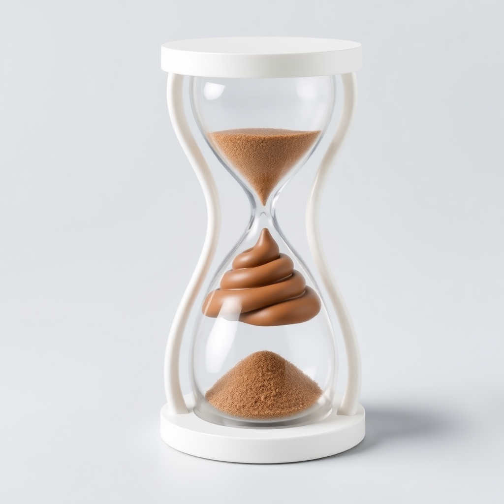 An image of a rotatable water-saving shower timer hourglass showing a pile of poo as an icon.