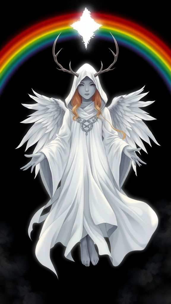 (Anime Style-art) Black background with rainbow-barrier broken, a completely eerie yet strange holy faceless entity, grey-skinned, wearing a white hood, golden haired women covered in pure white light, 2 deer antlers, 2 angel wings, glowing-white robes, hands out, floating mid-air, looking at viewer, full body view