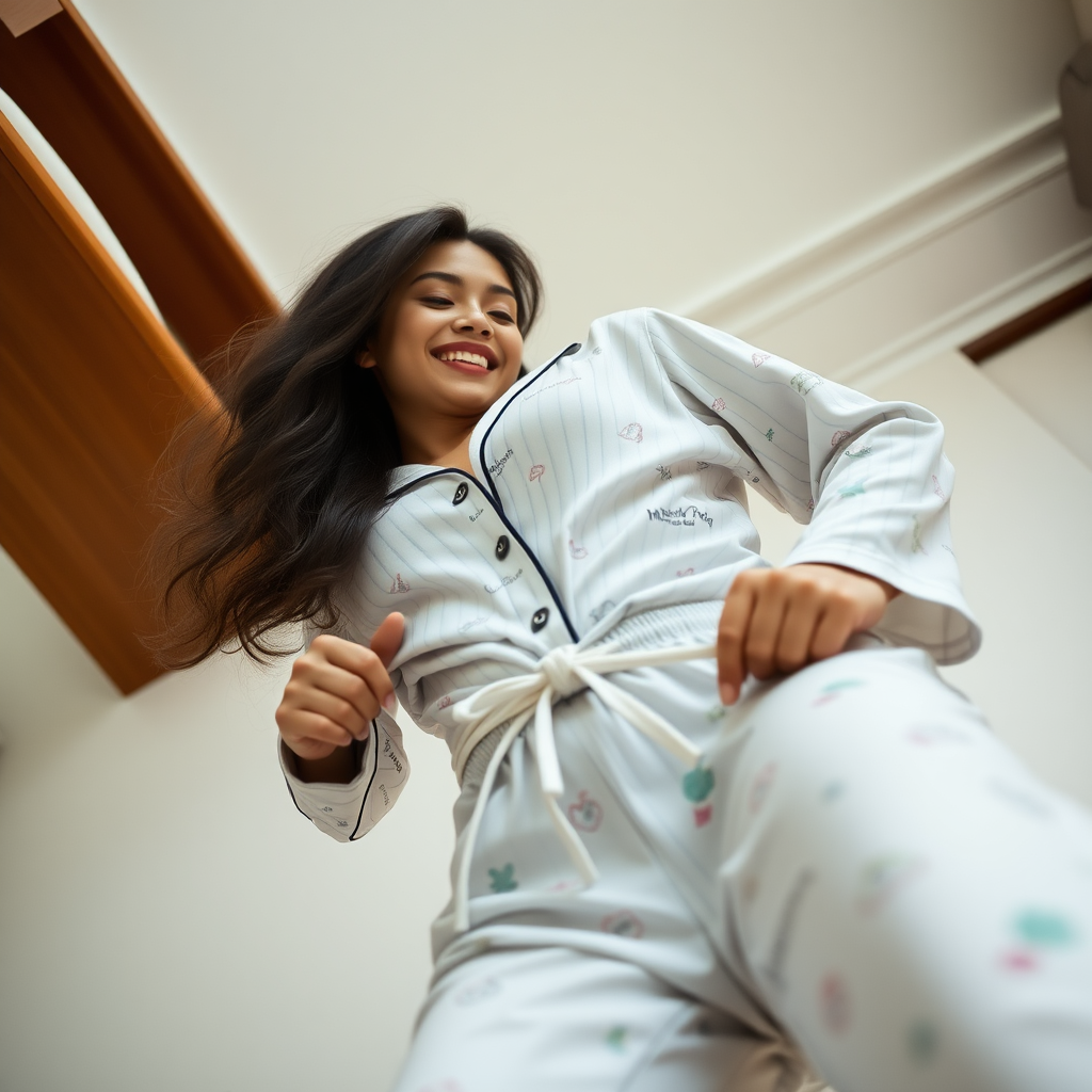 photo low angle full body shot beautiful xiaomeimei smiles looking down. She is tying the drawstring of her pajama pants