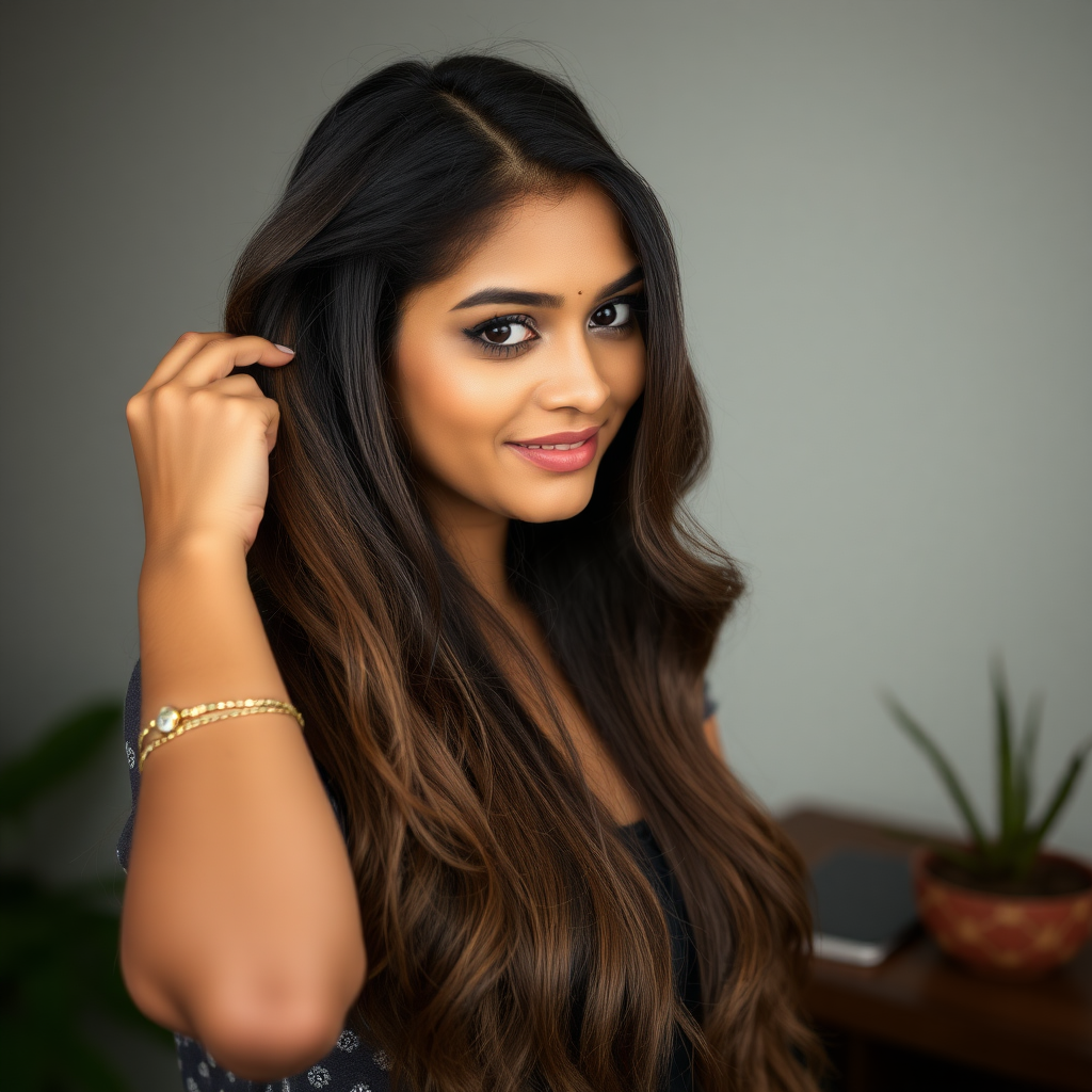 An attractive Sinhalese woman in her 20s styling her long hair