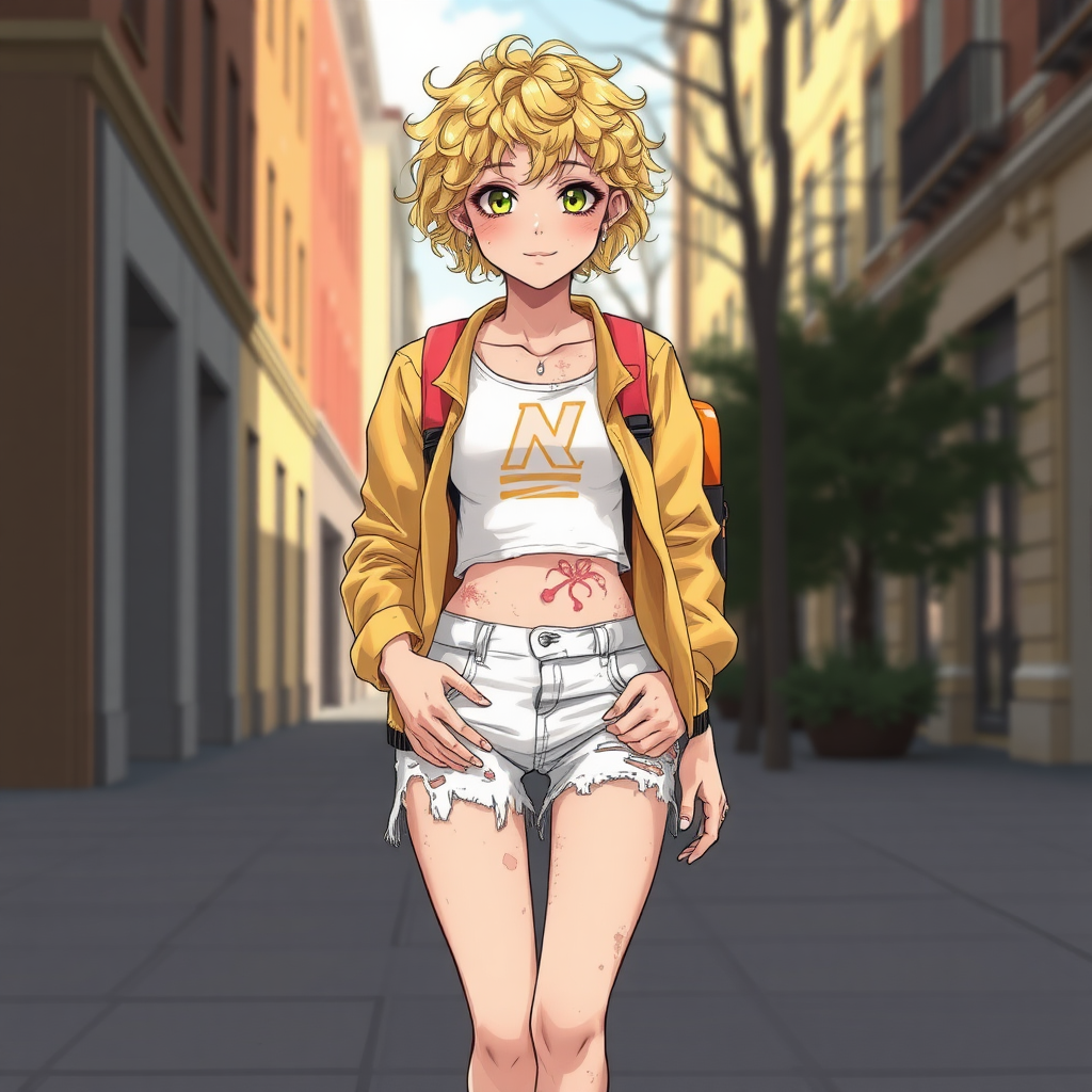 Realistic drawing style image, Extremely good quality 8k resolution drawn manga image of a 15 year old petite and short tomboy girl with golden blonde curly hair with mixed and different colored eyes for each eye and moles on her entire body and is a white American girl, Has on a Gold Jacket over a white extremely short crop top only covering her breasts and nothing more with a design on it, and has on ripped shorts and cool looking sneakers and a deep and big knife cut wound on her stomach from a huge injury she had, with a bright color backpack, ear piercings on, walking on the street to school in the morning with the beautiful sunlight lighting up her body beautifully with no tattoos.