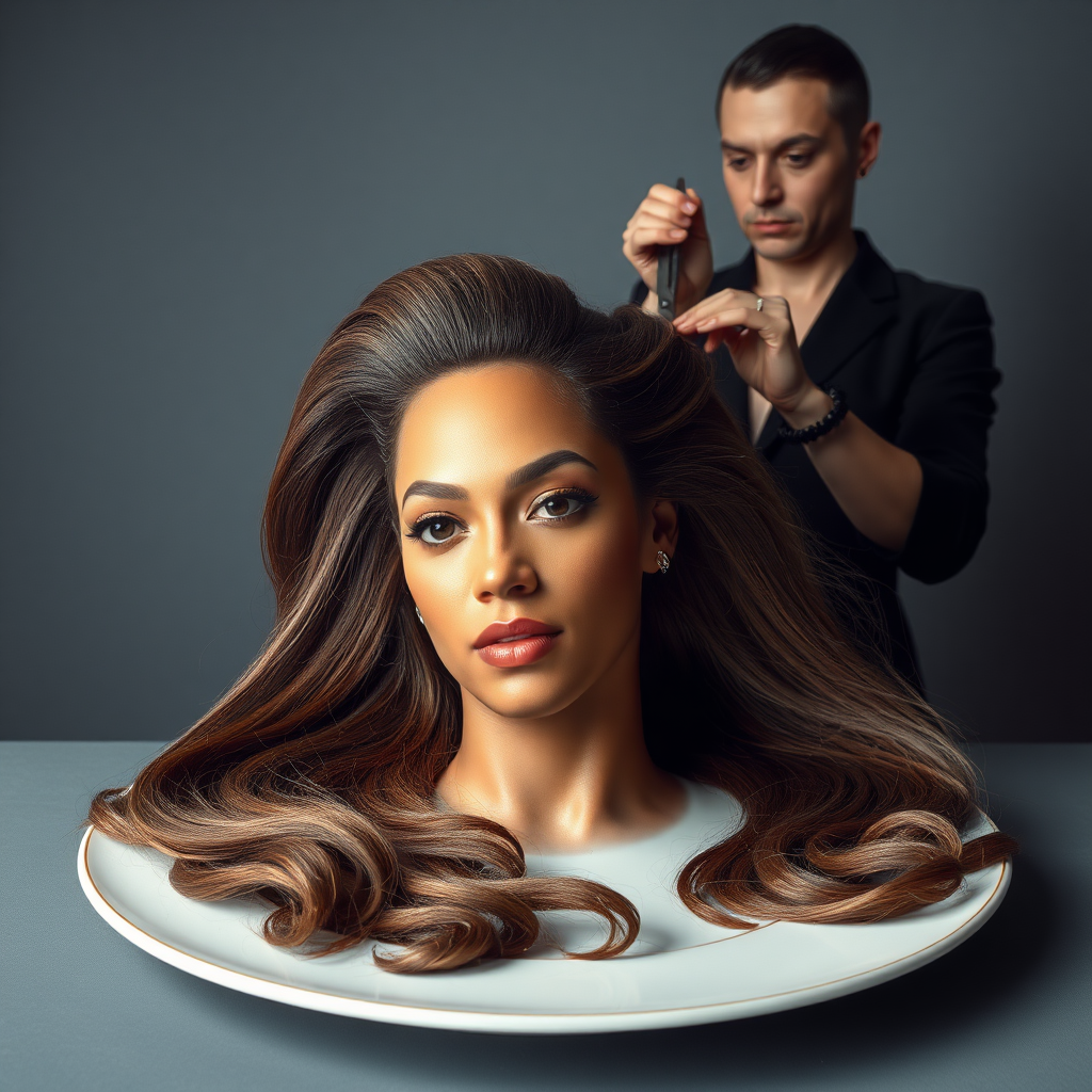 In a surreal and provocative scene, a beautifully tethered, disembodied head of Beyoncé rests gracefully on an elegant porcelain plate, her long, luxurious hair cascading like a waterfall of silky strands around the edges, creating a striking contrast against the stark, muted gray background. The sheen of her skin glows softly, exuding an air of ethereal beauty, while her chin rests directly on the plate, poised and serene. Behind her, a skilled hairdresser, clad in chic black attire, stands with a focused expression, gently teasing and arranging her magnificent hair with nimble fingers, creating intricate patterns that defy gravity. The atmosphere is oddly intimate yet surreal, blending an appreciation of beauty with an unsettling twist, as soft light casts subtle shadows, enhancing the textures of both hair and porcelain. The air is filled with a quiet stillness, broken only by the subtle sound of the hairdresser’s scissors snipping rhythmically and the faint fragrance of hair products mingling with the cool air, heightening the unusual but captivating atmosphere of the scene.