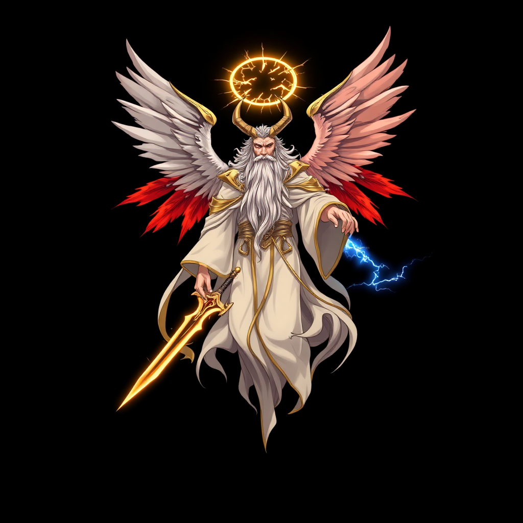 (Anime styled art) Black background of a divine yet sinister figure, floating ominously in mid-air. The being, known as YHVH Demiurge, radiates both light and darkness, with four angelic wings on top and two demonic burning wings on the back. A shattered halo hovers above its head, casting a fractured cracked glow, 4 golden horn's on head. Dressed in flowing robes of white, gold, and black, the figure's long beard sways gently in the air. Its fiery ember eyes burn with a wrathful intensity, exuding a presence both holy and malevolent, he is holding a unique holy-golden-blue-lightning sword in left-hand.