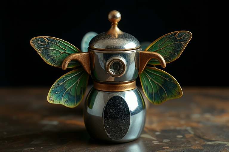 An organic-looking coffee percolator. Non-metallic. That seems more biologically grown than organically made. That looks as if it had been grown and not made. Inspired with a general steampunk design and décor. With shiny iridescent highlights like those on insect wings or reflections of ripples on liquid.