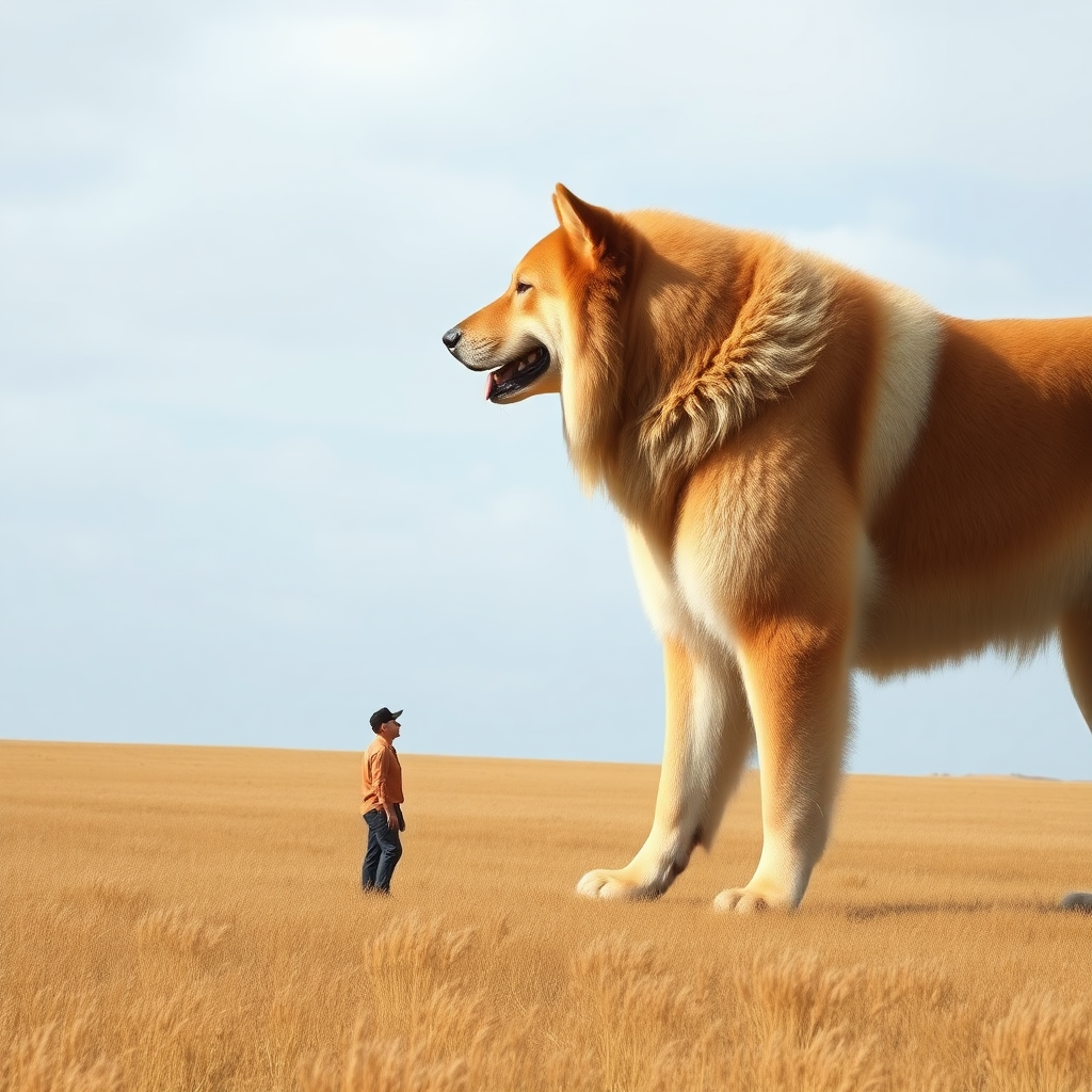 A giant-huge dog in a plain field, there is a small man