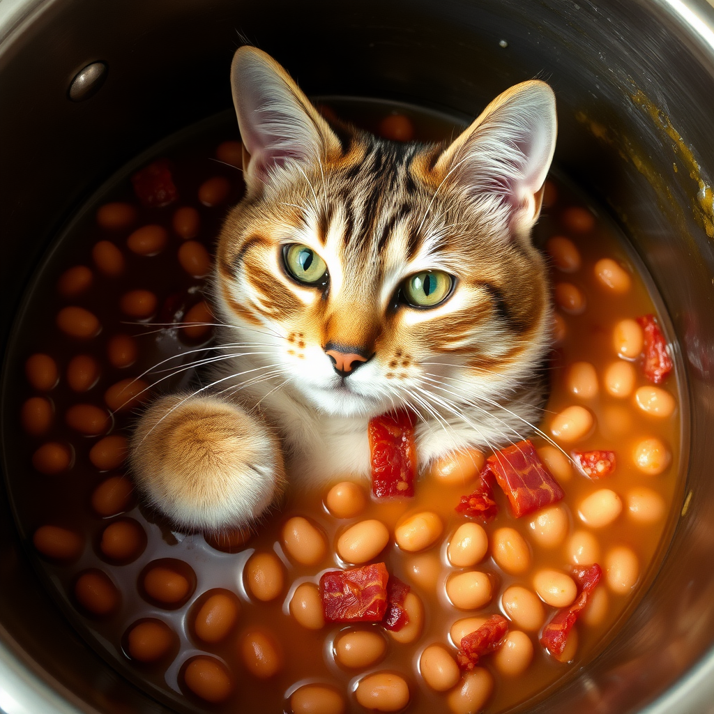 Cat in a pot with beans and bacon.