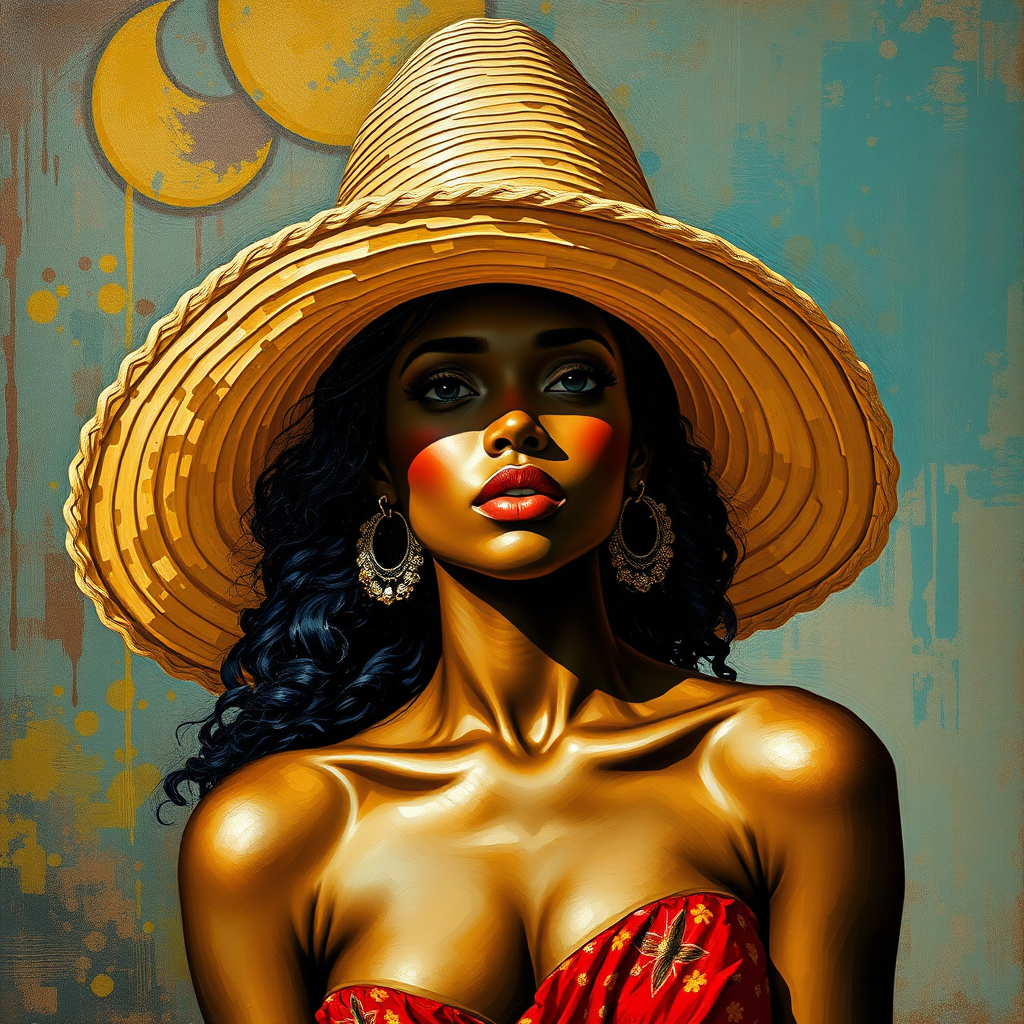 A wide-brimmed sombrero hat throws a shadow over the head and body of a young black woman, in a style reminiscent of Gustav Klimt. The artwork is a fusion of art deco and cubism, rendered in 8k resolution as concept art. It embodies splash art and neo-impressionism with an expressionist flair, resembling an oil painting with smooth post-impressionist impasto techniques and thick, colorful layers of textured acrylic paint.