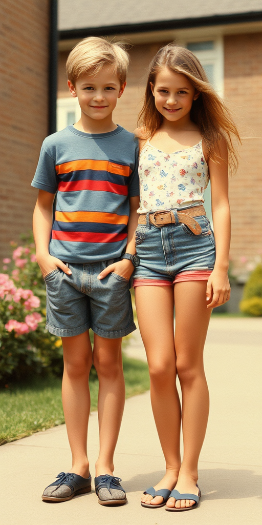 A vintage photo, 1980s. A 14yo teen boy and girl. British. Long legs, bare thighs. Hot summer. Full length view.