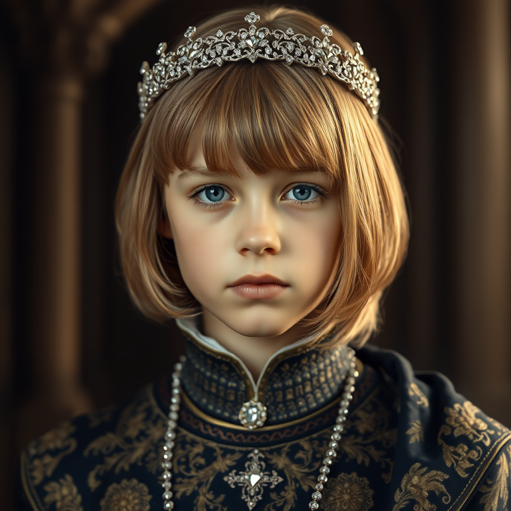 16yo teen boy prince, long bob cut, embroidered with gold and diamonds medieval cloths, diamond diadem. photorealistic, ultra high resolution, 16K,