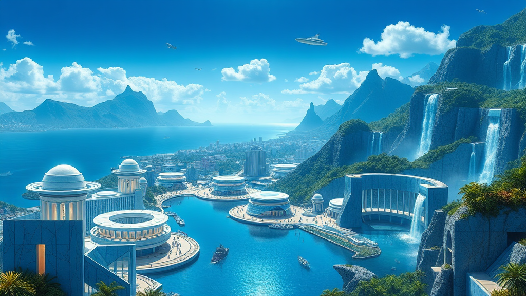 In this breathtaking 8k resolution anime art, Greater Atlantis is presented as a stunning vision of a technologically advanced Greek-styled metropolis. The cityscape unfolds with an array of uniquely-shaped blue-marble structures, each building meticulously designed to evoke a sense of grandeur and innovation. The marble surfaces shimmer with a celestial glow, reflecting the city’s opulence and sophistication.

The city is set against a dramatic backdrop of expansive waters, where massive, ringed structures hover gracefully above the surface. These ringed platforms emit a soft, luminescent light, adding an ethereal quality to the scene. The water below is a pristine, deep blue, occasionally interrupted by the sleek, white-technological ships that float effortlessly above, their advanced design contrasting beautifully with the natural elements of the environment.

In the distance, majestic mountains rise, their peaks crowned with cascading waterfalls that flow down into the tranquil waters. The waterfalls are rendered with exquisite detail, their crystal-clear water sparkling in the sunlight as it tumbles over the rocky cliffs.

The cityscape is further enhanced by lush, tropical lands that surround the urban area, featuring vibrant greenery and exotic flora. This verdant landscape provides a striking contrast to the sleek, futuristic architecture of Greater Atlantis.

The overall composition captures a high-quality cinematic view, blending the classical elegance of Greek architecture with the cutting-edge technology of a futuristic civilization. The interplay of light, water, and architecture creates a mesmerizing and immersive experience, showcasing the splendor and innovation of Greater Atlantis.