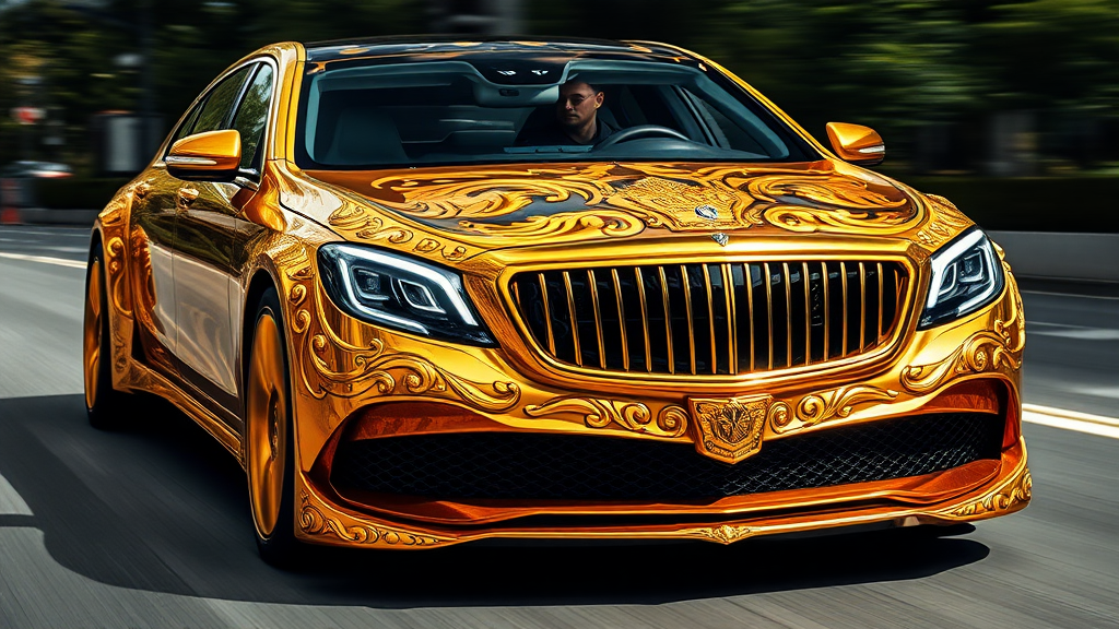 futuristic maybach sedan , A luxurious, gold-plated car adorned with intricate, ornate designs and carvings. The vehicle features prominent headlights and a distinctive front grille, showcasing a fusion of elegance and extravagance. road motion blur