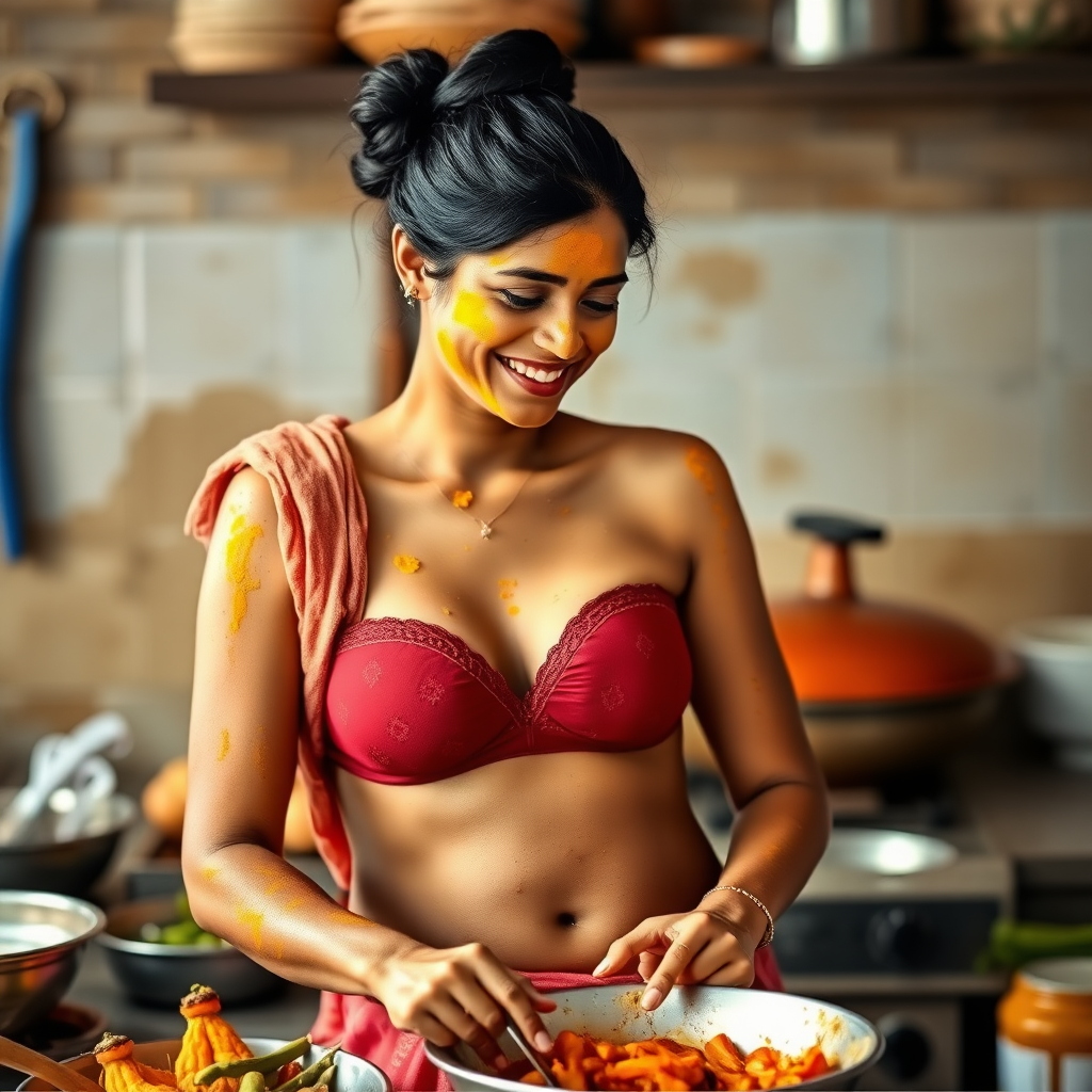 A skinny, happy, 30 year old, traditional Indian wife with a pencil hair bun, wearing a bra, skirt and a short towel on her shoulder. She is preparing food in the kitchen. Her face is covered with a turmeric face mask.