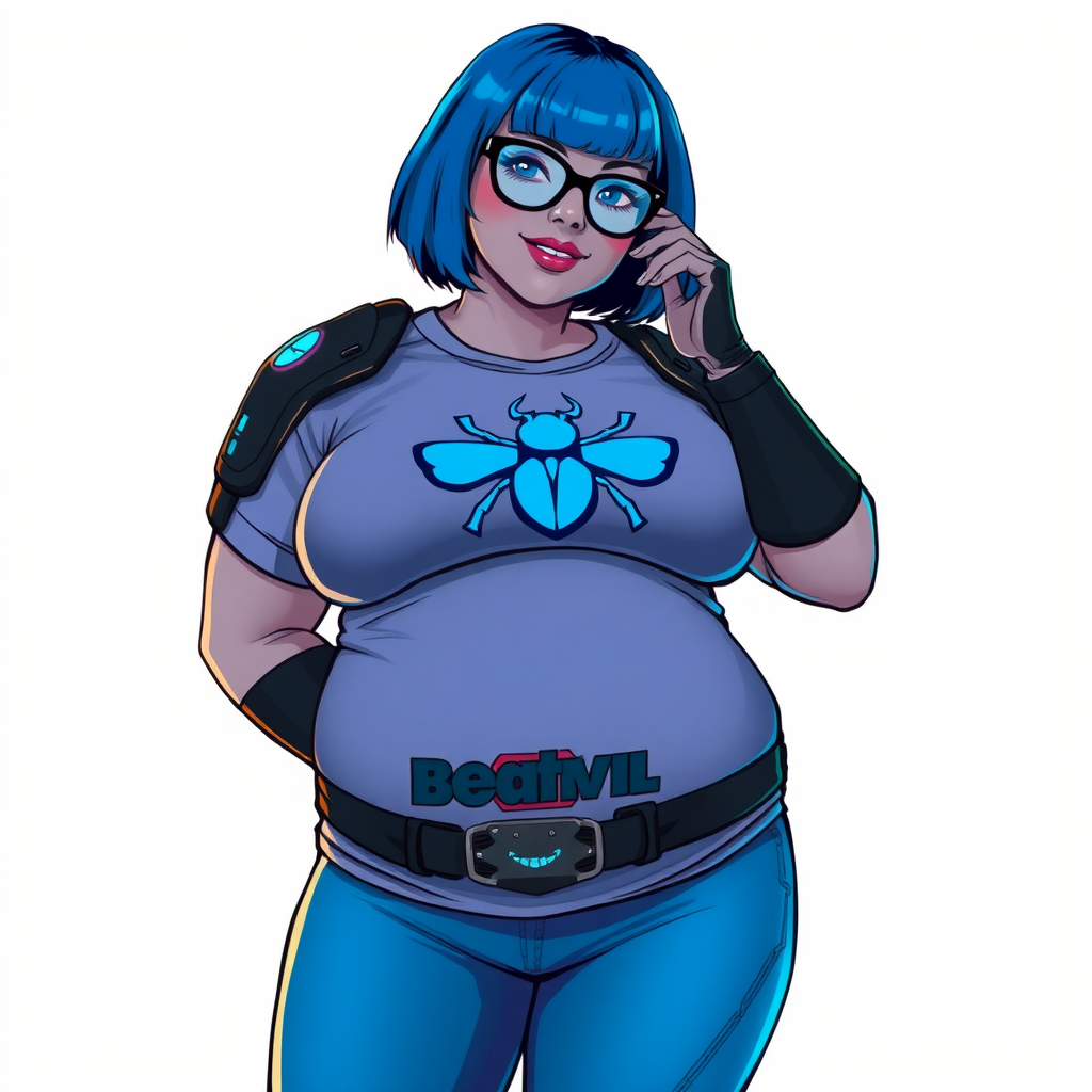 A 28-year-old, full-figured, Middle Gray skinned, computer program hybrid with a maximum blue bob cut. She has a non-athletic, full-figured build, highlighted by a prominent, round, large midsection (with heavy emphasis on her large belly). As the full-figured, nerdy, digital sidekick to her cyberpunk vigilante boyfriend, her metallic middle gray skin and maximum blue lipstick emphasize her digital nature. She wears a digital, computerized costume inspired by DC’s Carrie Kelly Robin, consisting of a huge, tight-fitting, maximum blue t-shirt with a neon blue glowing beetle chest icon, hi-tech shoulder pads with neon blue glowing accents, a black hi-tech belt with a digital neon blue glowing buckle, digital maximum blue pants with neon blue accents, and black hi-tech gloves with neon blue glowing accents. Her bright blue eyes, black eyeglasses with neon blue glowing lenses with a built-in HUD, and shy smile with neon red blush accentuate her nerdiness. She stands bashfully with one hand behind her back and the other hand gently touching her cheek, her costume covering all her skin and emphasizing her full-figured physique (especially her belly). She is clearly non-athletic, with a heavy focus on her large belly. Despite her build, she radiates beauty. She has a slim face compared to her physique, accentuating her radiant beauty. She is on a solid white background. She is drawn as if she were in a retro 2D cyberpunk fighting game.