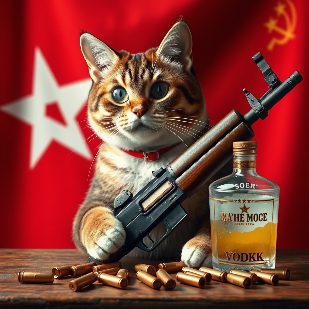 Soviet commie cat with an AK-47 and vodka and a USSR flag behind a table with bullet casings on it.