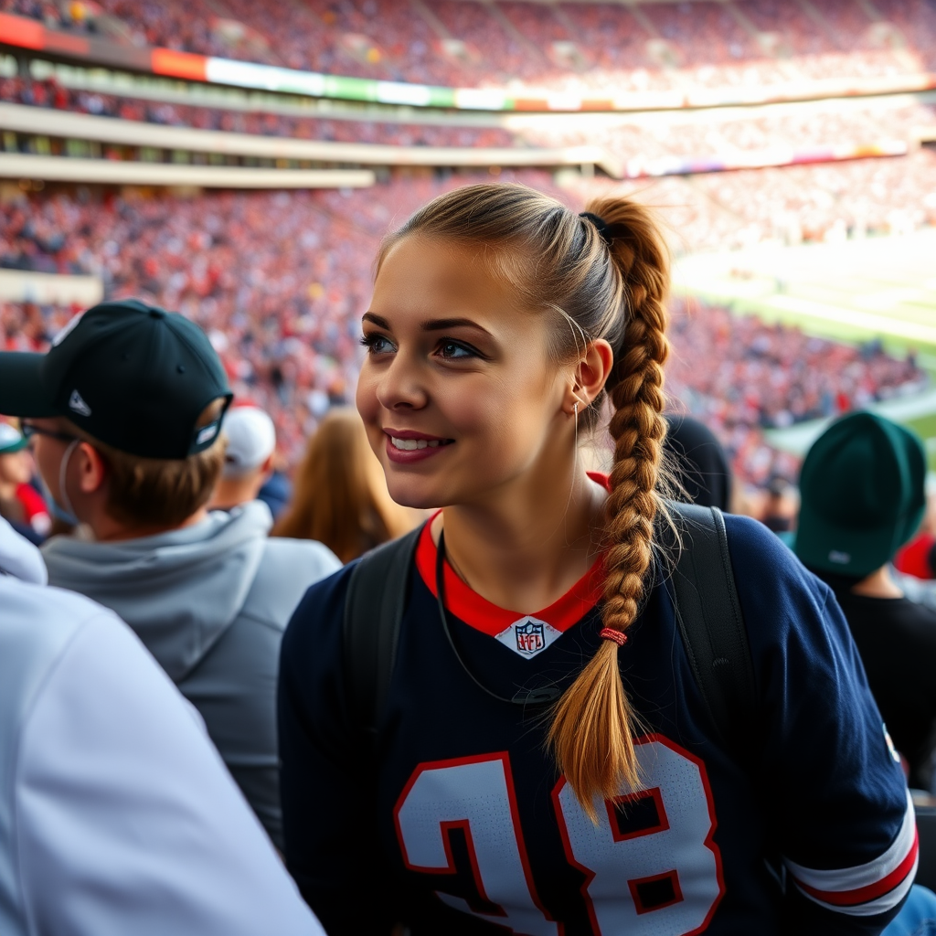 Attractive female NFL fan, pigtail hair, watching with her friends, inside crowded bleachers, NFL stadium