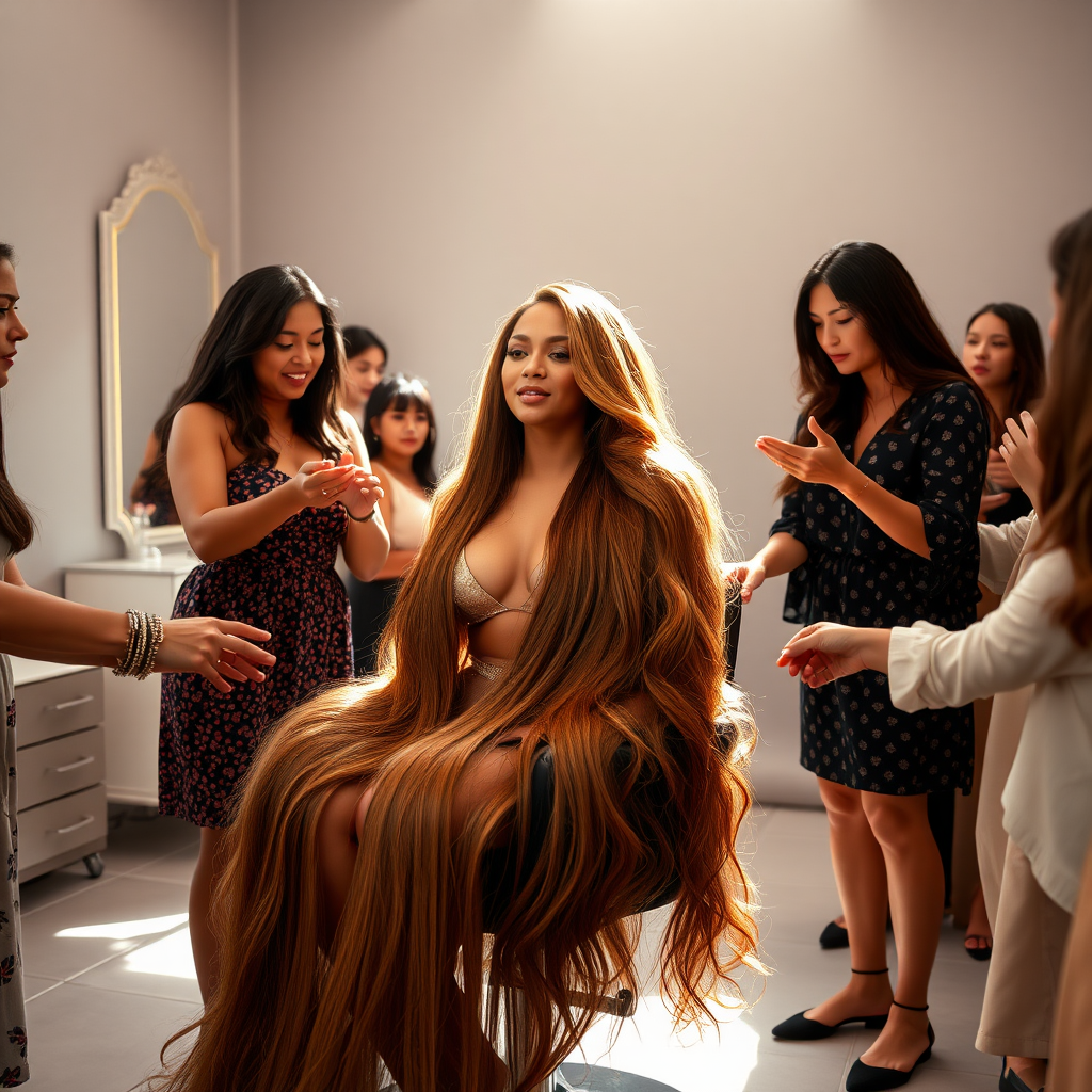 In an elegant, sunlit salon, adorned with soft, minimalistic decor, the stunning Beyoncé sits gracefully in a salon chair, her incredibly long, luxurious hair cascading like a flowing waterfall of silk down her shoulders and past her waist. The gentle glow of overhead lights highlights the rich, deep hues of her hair, each strand reflecting the brilliance of the space around her.

As an interactive long hair fetish performance art exhibit unfolds, curious visitors gather around, their eyes alight with fascination and excitement. Some eagerly reach out, gently grasping her hair between their fingers, feeling the smooth texture slip through their hands, while others playfully tug at it, testing the boundaries of their interactions. Each movement is accompanied by a symphony of soft gasps and murmurs of appreciation, enhancing the atmosphere of intimacy and connection.

The background is a simple, unobtrusive gray, allowing the artistry of the moment to take center stage. The air is charged with a sense of wonder and exploration, as visitors not only admire Beyoncé's hair but also engage in this tactile experience, deepening their understanding of the artistry behind her presence. Her expression is a mixture of serenity and playful engagement and submission, reflecting her comfort and trust in this unique performance, ultimately creating a captivating scene where art and audience intertwine seamlessly.