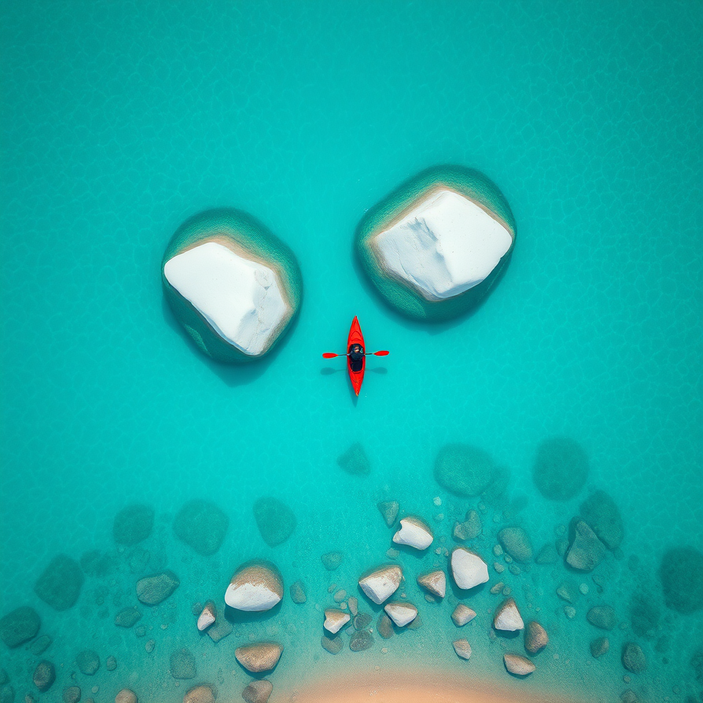 An aerial photo of a kayaker paddling through crystal-clear turquoise waters. The kayaker is in a red kayak and is surrounded by large, smooth, white rocks. The water is shallow and the bottom is visible, revealing a sandy bottom with scattered rocks. The scene is tranquil and serene, showcasing the beauty of nature. Hyper-realistic, intricate, elaborate, drone photography, 8K, UHD, HDR.