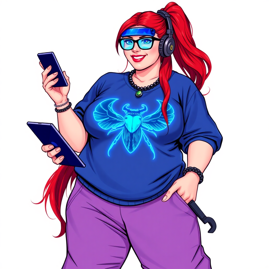 A cyberpunk vigilante’s full-figured intelligent and tech-savvy 29-year-old girlfriend, who is a computer hacker and tech genius. She has a long ruby red ponytail and bright blue eyes. She wears a sapphire beetle gemstone necklace, an oversized Maximum Blue (RGB 71, 171, 204) t-shirt featuring a giant neon blue glowing chest icon of a winged beetle, and matching Maximum Blue sweatpants. She has a full-figured physique with a prominent, gargantuan, round midsection, reflecting her well-cared-for lifestyle. She sports a sapphire headset with a hi-tech sapphire lensed HUD visor, Maximum Blue (RGB 71, 171, 204) lipstick, black eyeglasses, and a beaming smile with a passionate bright red blush. Despite her figure and a lack of self-esteem, she radiates an air of beauty. She has an angular face which contributes to her radiant beauty. She serves as his tech expert from his hideout, holding a holographic tablet and a hi-tech tool wrench. The background is solid white. She is drawn as if she was in a retro 2D cyberpunk fighting game. Make sure her outfit covers her midsection.