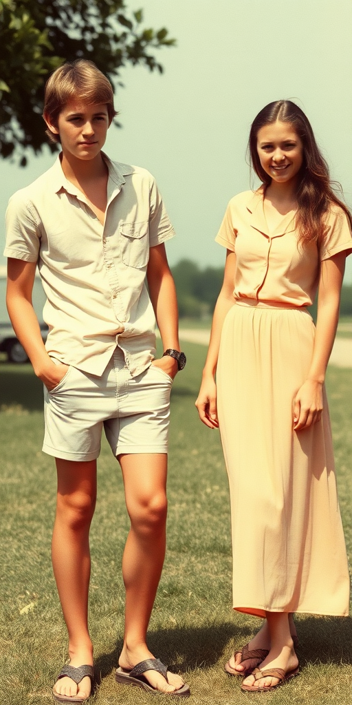 Vintage photo, 1980s. Hot summer. Britany. A tall skinny 13yo teen boy wearing short shirt, tight booty shorts, long legs, bare thighs. With a girl wearing shirt, long skirt. Full length view.