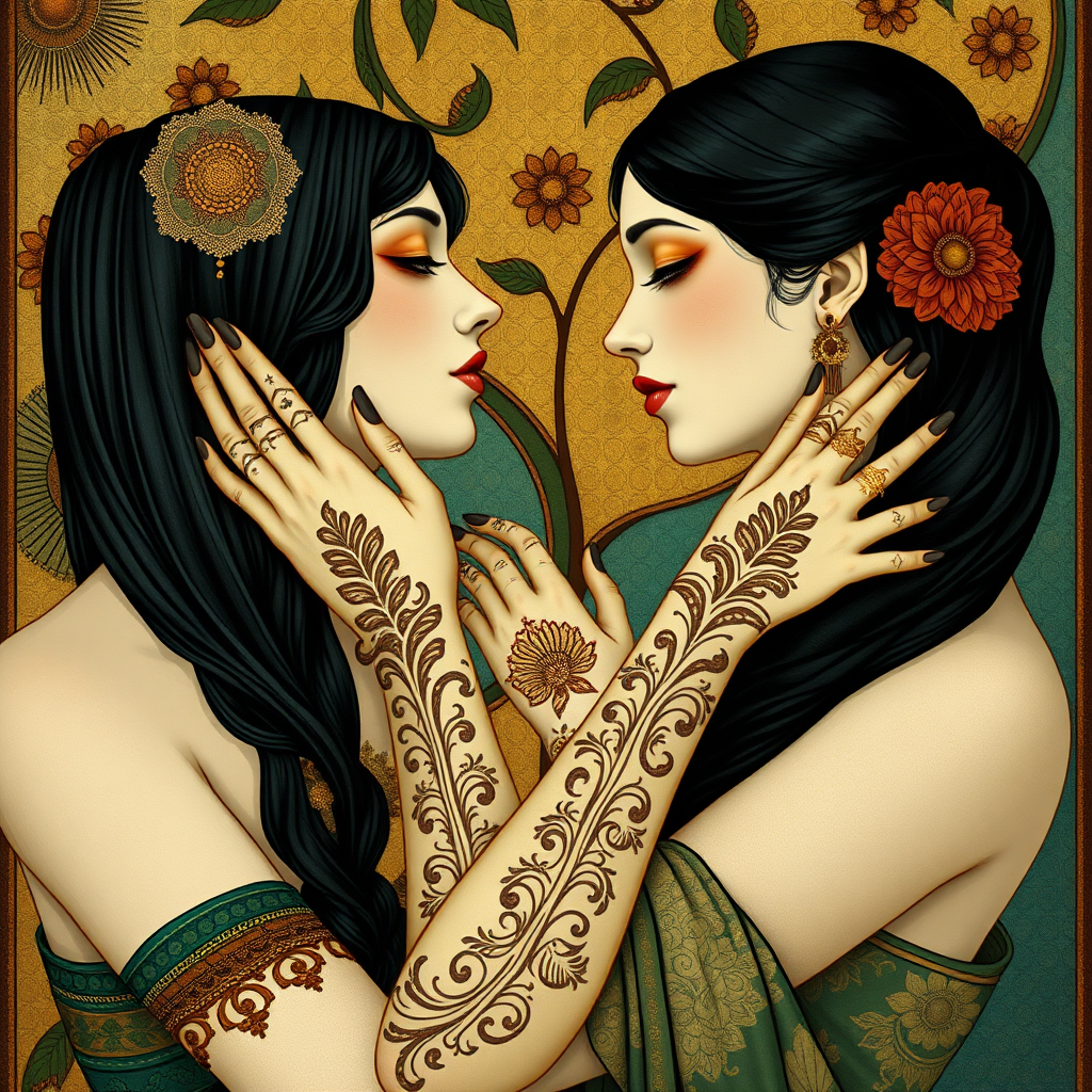 Create the following image prompt: An image in the style of Max Klimt and Art Nouveau. The scene features two women with white skin and henna tattoos on their arms.