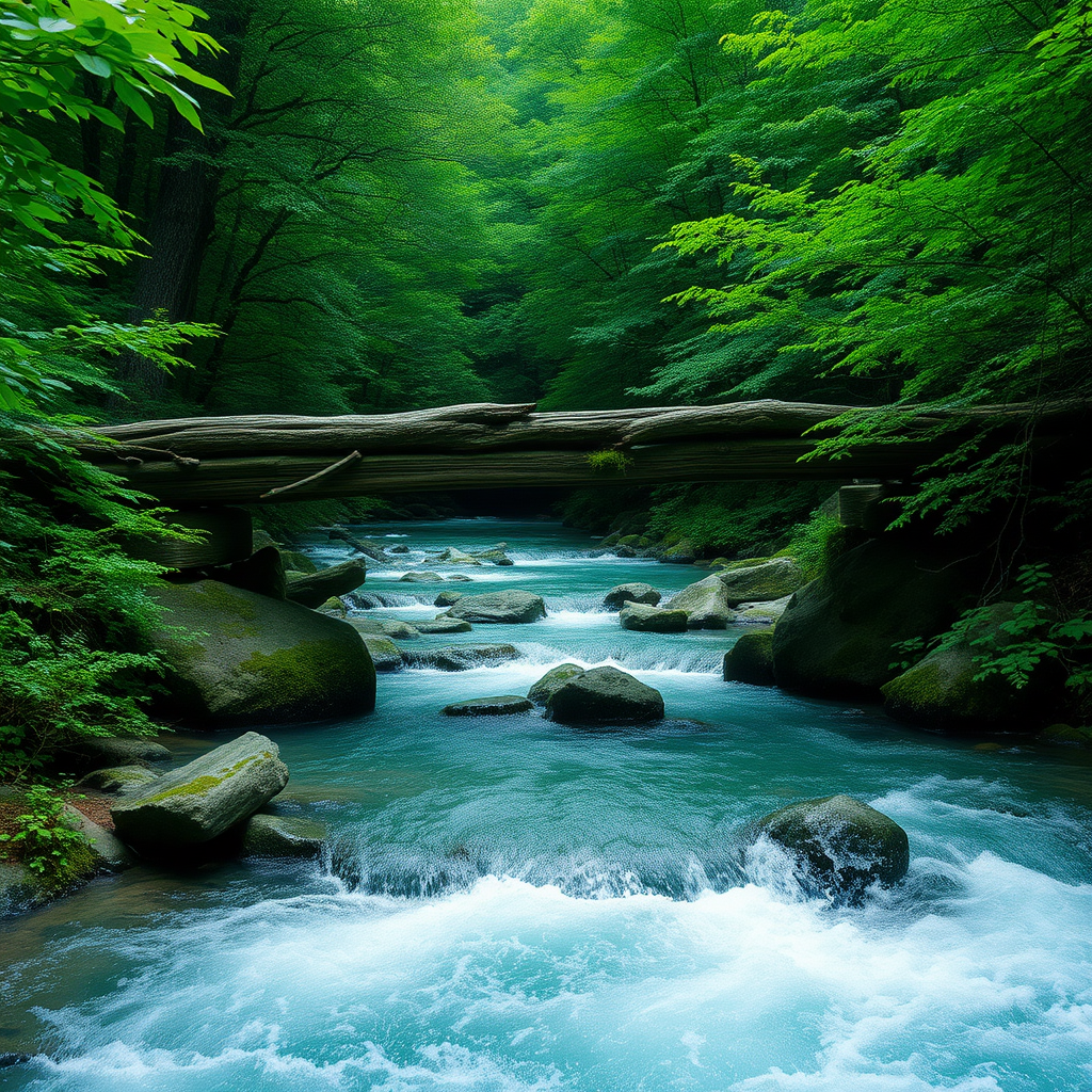 A serene forest scene featuring a weathered wooden bridge crossing over a rushing stream, surrounded by dense greenery. The bridge, made of aged timber with visible texture and moss growth, stretches across smooth stones partially submerged in crystal-clear water. Lush trees with varying shades of green create a natural canopy overhead, while softer green foliage frames the edges of the scene. The rushing water below is a mix of light turquoise and frothy white, reflecting the ambient light. The overall atmosphere is tranquil, evoking a sense of peaceful isolation, captured in a hyperrealistic style to highlight intricate details of nature, with an emphasis on deep greens and the contrasting textures of wood and water.