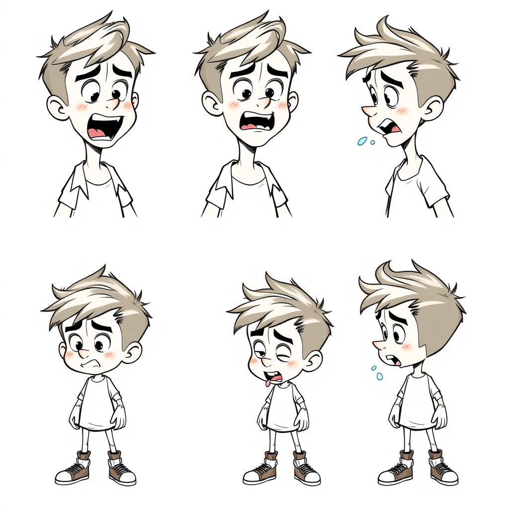 multiple views with progression, character design sheet, short, excited, mischievous, sweating, 15 year old european boy, drooling, detailed features, long establishing shot, 2D, caricature, cartoon, Sketch lines, coloring book, coloring book style on white background, well composed, clean coloring book page, No dither, no gradient, strong outline, No fill, No solids, vector illustration, side view, vector illustration, empty space around each view, movement lines