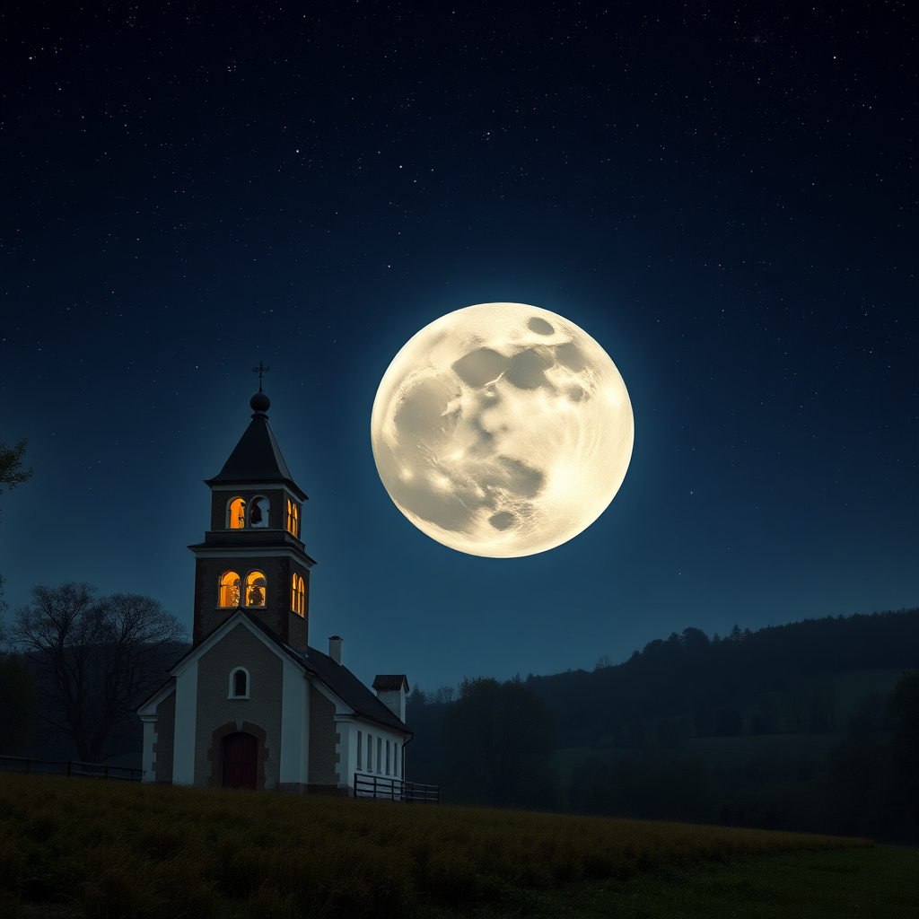 country with a church and a square bell tower with lights, large moon with a very starry semi-dark sky