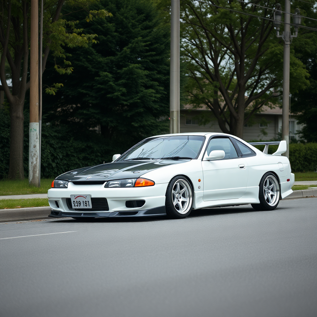 Nissan Silvia S14 the car is parked on the side of the road, inspired by Taiyō Matsumoto, tumblr, restomod, nd4, c4