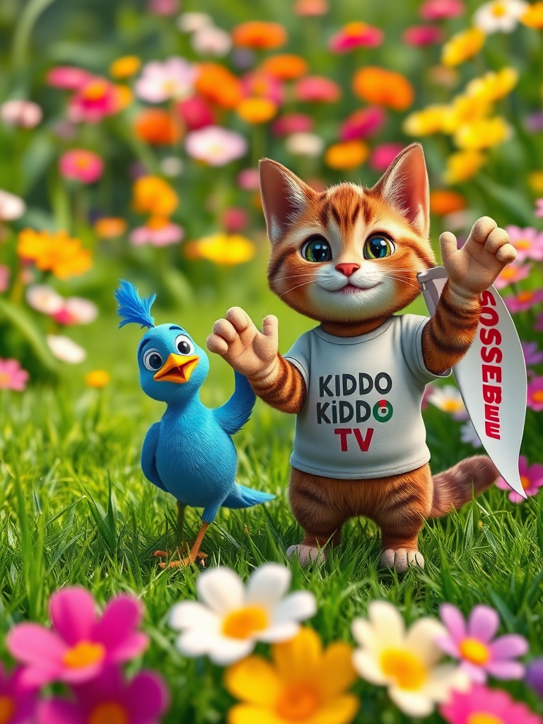 A realistic 4K scene of a Brown Cat and a Blue Bird standing on lush green grass, waving happily. The cat is wearing a shirt with 'KIDDO TV' printed on it. Nearby, brown cat is holding a large flag that says 'SUBSCRIBE!' The vibrant garden background is filled with colorful flowers, creating a joyful and playful atmosphere.