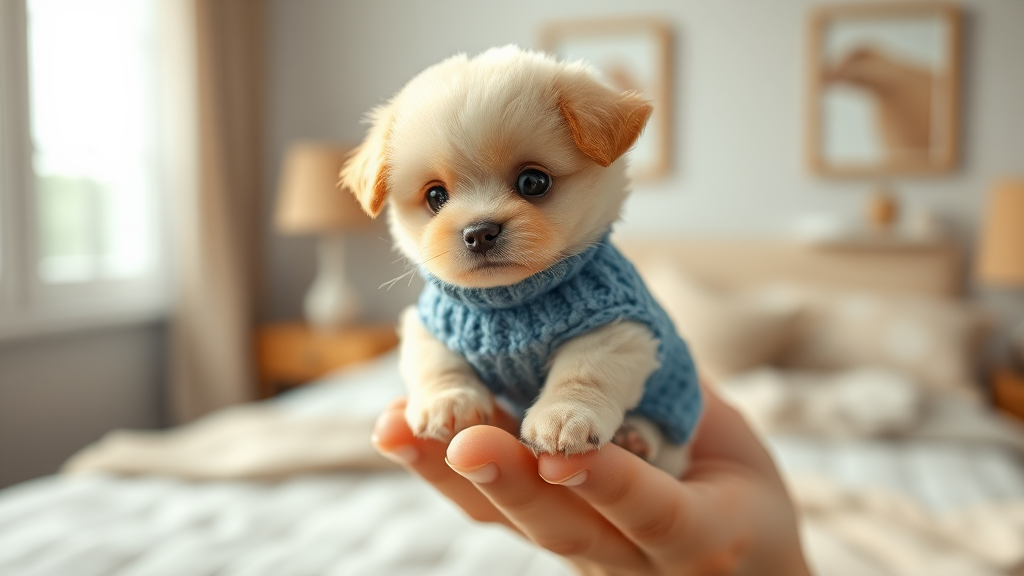 For creating a prompt to generate an image like the one you've uploaded, here's a detailed prompt for the tiny puppy:

Prompt for Art Generation: "Create an ultra-realistic, high-definition image of a miniature fluffy puppy. The puppy should be incredibly small, fitting perfectly in a person's fingertips. It should have soft, cream-colored fur with big, round, expressive black eyes. The puppy is wearing a blue knitted sweater, giving it an extra cute and cozy look. The setting should be a soft, cozy bedroom with a neutral palette, blurred in the background to highlight the adorable tiny puppy. Ensure the image captures the puppy’s cuteness and the softness of the setting, with soft lighting coming through a large window in the background."