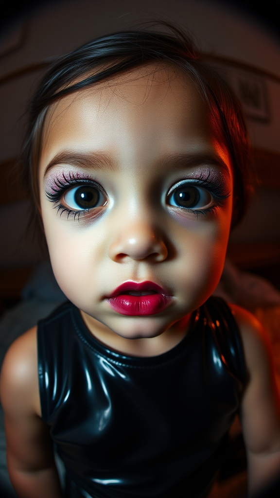 four-year-old-latina-female-child.  
She is wearing intense-glitter-eyeshadow, thick-winged-eyeliner with very-dramatic-eyeliner-wings, and dark-burgundy-glossy-lipstick.  
She is wearing a tight-glossy-latex-sleeveless-crop.  
Her mouth is closed, eyes open.  
Fish-eye-lens, in a dark motel room, amateur flash photography.