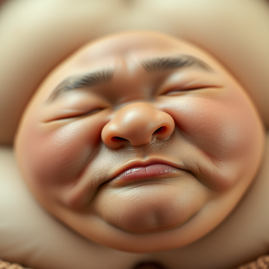 East Asian chubby, plump, round, bare-chested uncle. With a naive and adorable face, lying on his back sleeping, with a close-up of the details of the nostrils magnified, from a third-person eye-level perspective, image style is cinematic portrait, ratio 9:16.