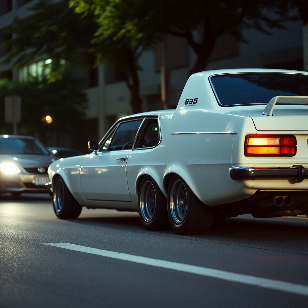 the car is parked on the side of the road, inspired by Taiyō Matsumoto, tumblr, restomod, nd4, c4 a white car is driving down the street, a picture, unsplash, shin hanga, 70's, looking regal and classic, fuji lut, poorly lit, mazoku, devils, lada, lowres, iso 500, backlighted, foam, vehicle photography, frank fanzzeta, 1 2 k, japanese, single light, basic, italian masterpiece