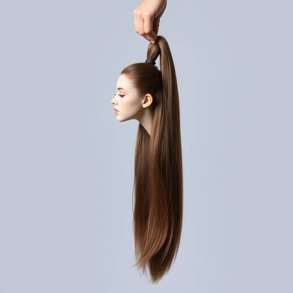 Surreal image of a very long haired woman's beautiful disembodied head hanging by her very long hair. Her very long hair is gathered at the top of her head into a long ponytail that stretches upward into a grasped hand. Plain gray background.