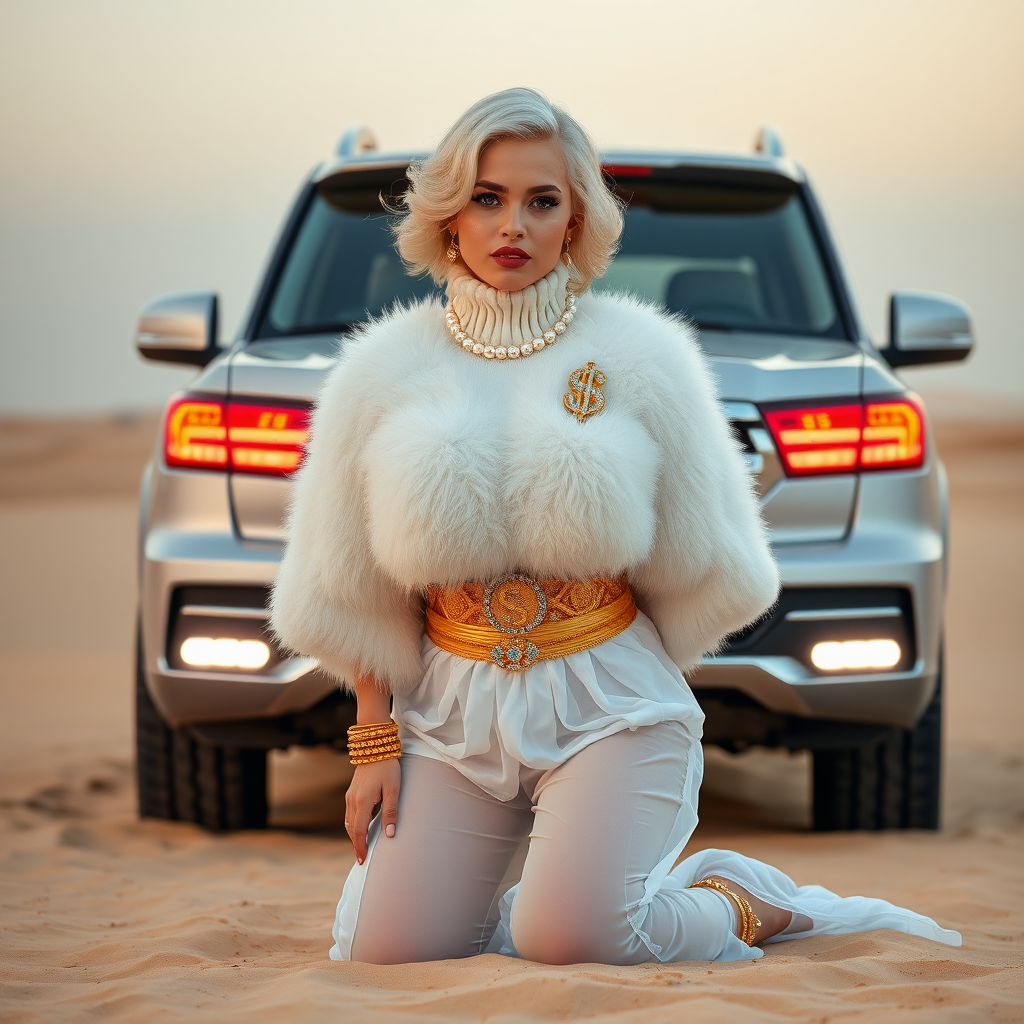 Kuwait desert dunes misty dawn, full size luxury SUV: Melissa, European 17 years old very convincing femboy “trophy-bimbo”, tamed servile docile, very beautiful feminine flawless face, rather short, by hormones very curvaceous womanly figured, platinum blond short tight curls, bold red lips, heavily made-up face, wearing Supertanya-style fluffy very fuzzy bright white angora turtleneck-poncho cropped ending under bust decorated with pearls and gemstones, striking oriental wide gold bridal protection belt, white fully transparent harem pants, full Oriental bridal jewelry, full Oriental face-jewelry, coin anklets, striking diamond “$$$” letter brooch on left chest, pout frustrated, hands tied behind back, kneeling in sand in front of SUV, looking at camera. Focus on face and turtleneck-poncho.