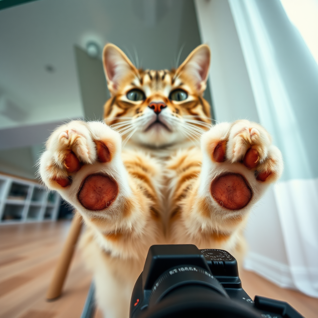 The cat's four paws are placed on the transparent dining table, and the camera is shooting from underneath the table, capturing the cat's four meaty paws from below.